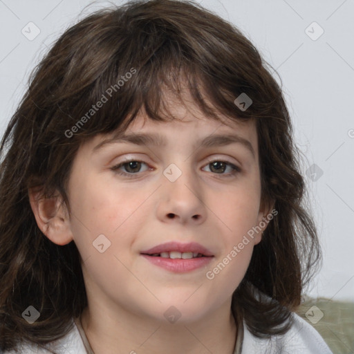 Joyful white child female with medium  brown hair and brown eyes