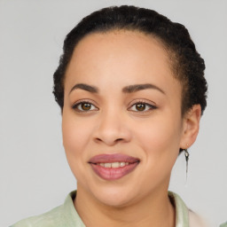 Joyful latino young-adult female with short  brown hair and brown eyes