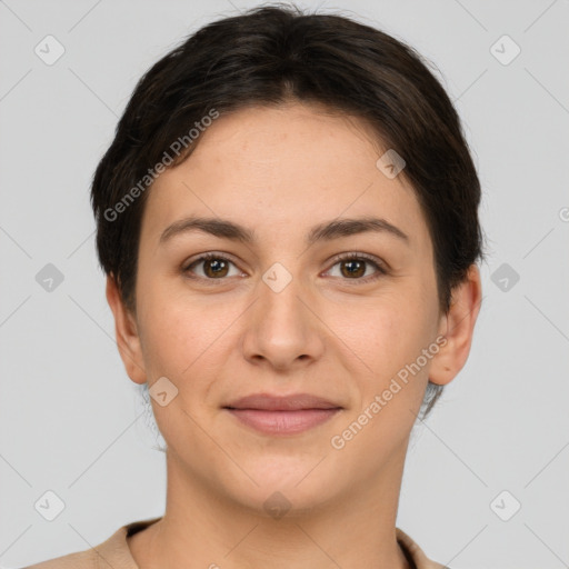 Joyful white young-adult female with short  brown hair and brown eyes