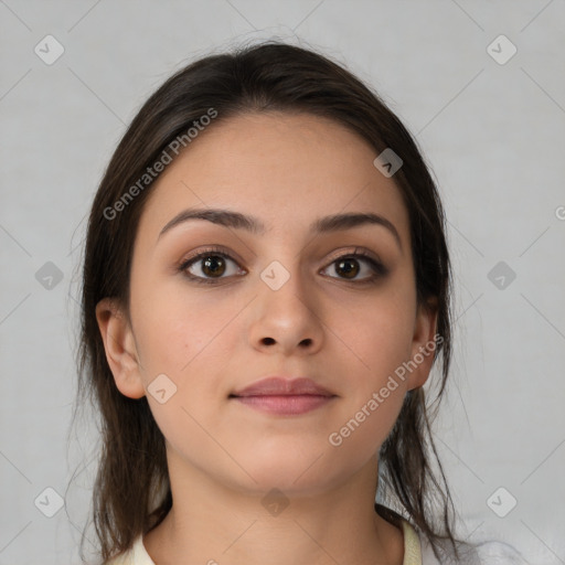 Neutral white young-adult female with medium  brown hair and brown eyes