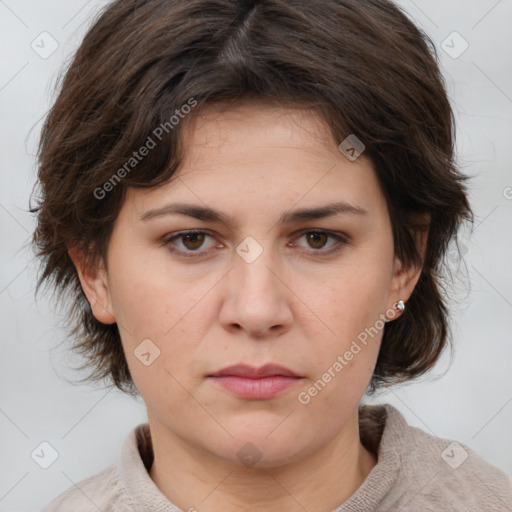 Neutral white young-adult female with medium  brown hair and brown eyes