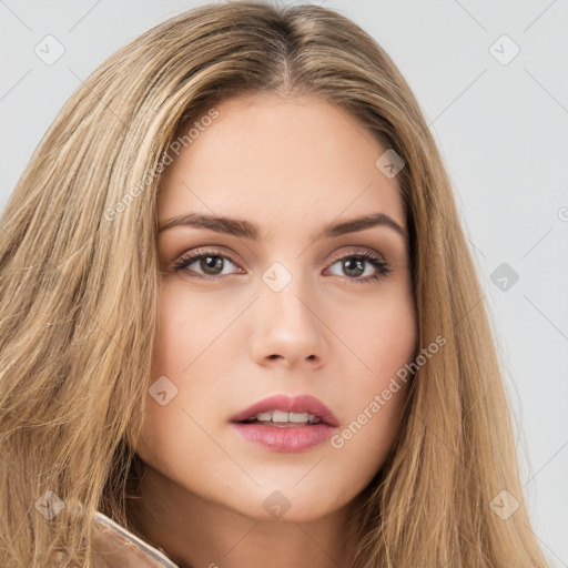 Neutral white young-adult female with long  brown hair and brown eyes