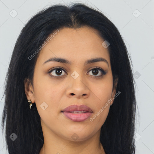 Joyful asian young-adult female with long  brown hair and brown eyes