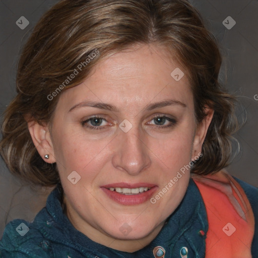 Joyful white young-adult female with medium  brown hair and blue eyes