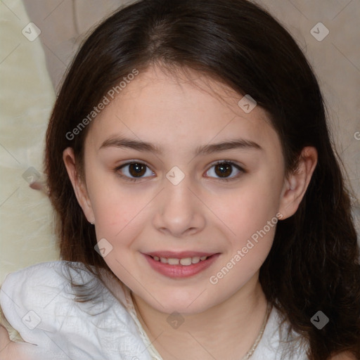 Joyful white child female with medium  brown hair and brown eyes