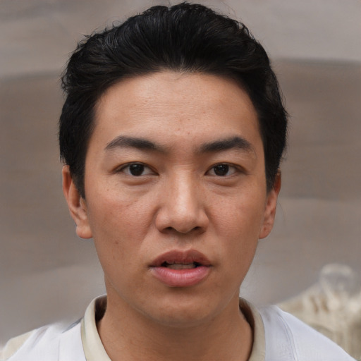 Neutral asian young-adult male with short  black hair and brown eyes