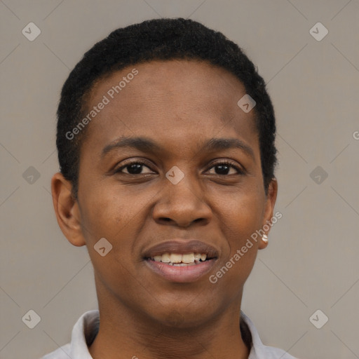 Joyful black young-adult female with short  black hair and brown eyes