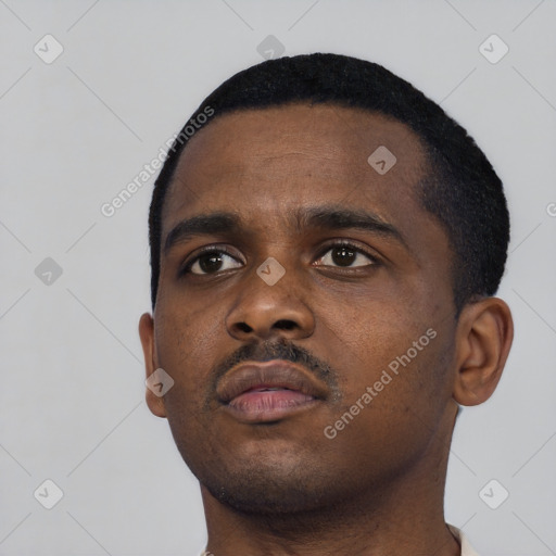 Neutral black young-adult male with short  black hair and brown eyes