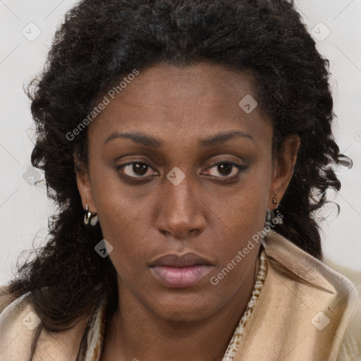 Neutral black young-adult female with long  brown hair and brown eyes