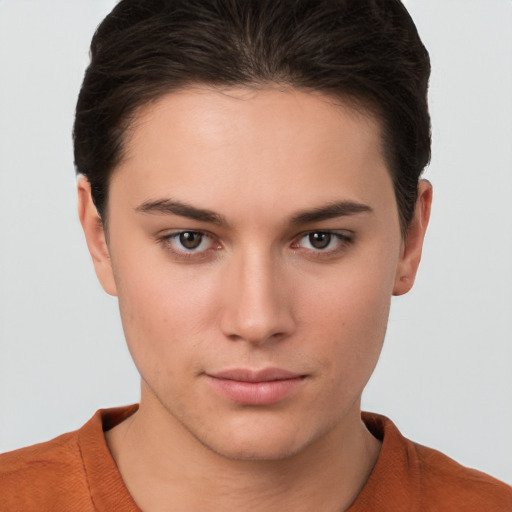 Neutral white young-adult female with short  brown hair and brown eyes