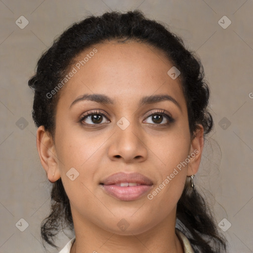 Joyful latino young-adult female with long  brown hair and brown eyes