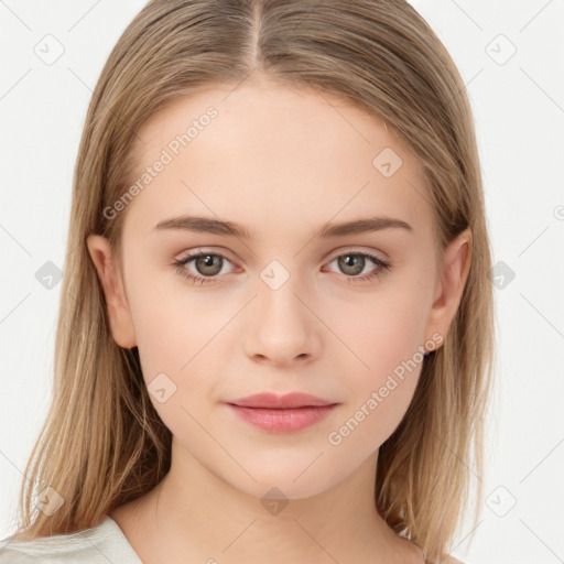 Neutral white young-adult female with long  brown hair and brown eyes