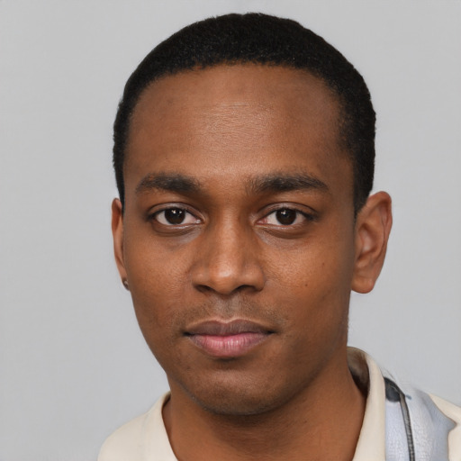 Neutral black young-adult male with short  black hair and brown eyes