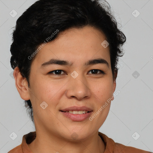 Joyful latino young-adult female with short  brown hair and brown eyes