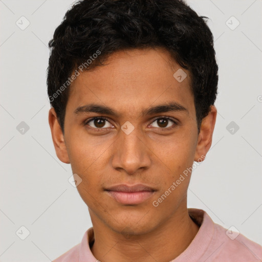 Neutral latino young-adult male with short  brown hair and brown eyes