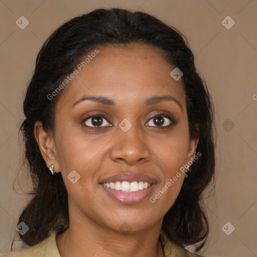Joyful latino young-adult female with medium  brown hair and brown eyes