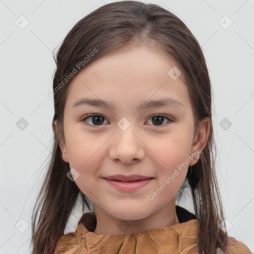 Joyful white child female with medium  brown hair and brown eyes