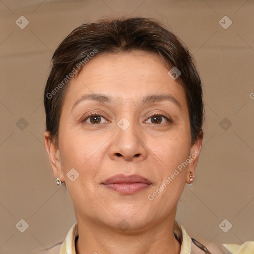 Joyful white adult female with short  brown hair and brown eyes