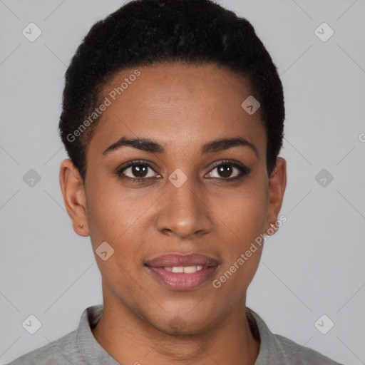 Joyful black young-adult female with short  brown hair and brown eyes