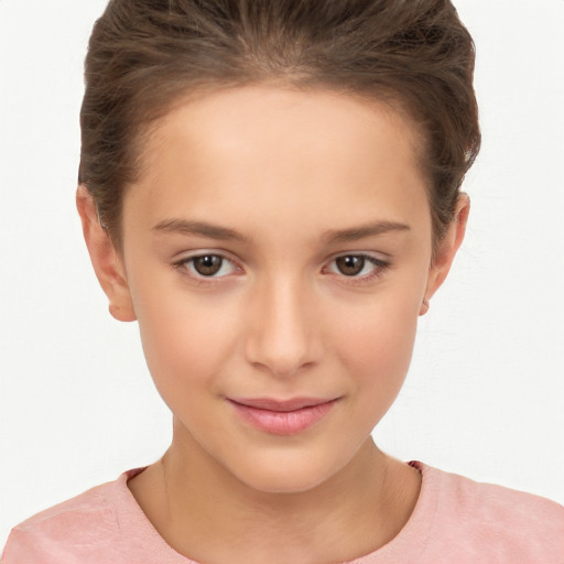 Joyful white child female with short  brown hair and brown eyes