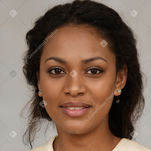 Joyful black young-adult female with medium  brown hair and brown eyes