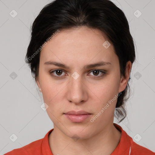 Neutral white young-adult female with medium  brown hair and brown eyes