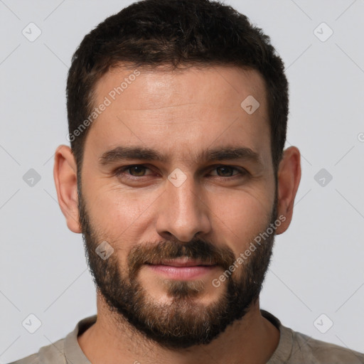 Neutral white young-adult male with short  brown hair and brown eyes