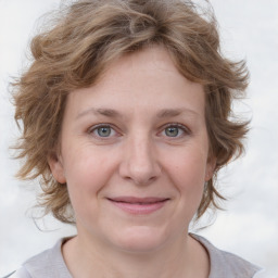 Joyful white young-adult female with medium  brown hair and blue eyes