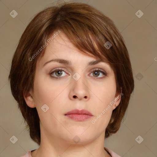 Neutral white young-adult female with medium  brown hair and brown eyes