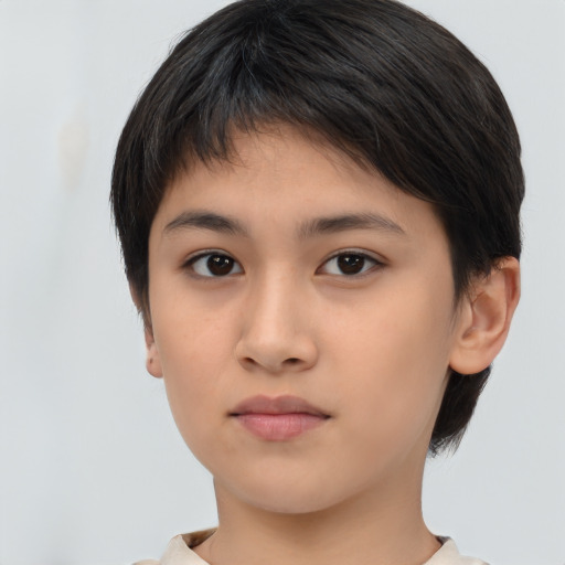Neutral asian young-adult female with short  brown hair and brown eyes