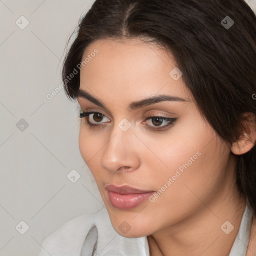 Neutral white young-adult female with medium  brown hair and brown eyes