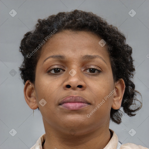 Neutral black young-adult female with short  brown hair and brown eyes