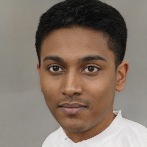 Neutral black young-adult male with short  black hair and brown eyes