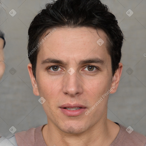 Neutral white adult male with short  brown hair and brown eyes