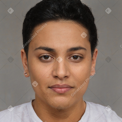 Joyful latino young-adult female with short  brown hair and brown eyes