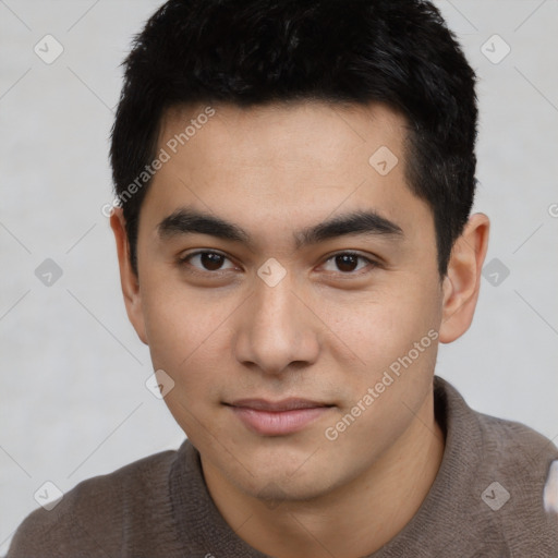 Neutral asian young-adult male with short  black hair and brown eyes