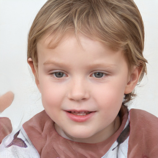 Joyful white child female with medium  brown hair and blue eyes