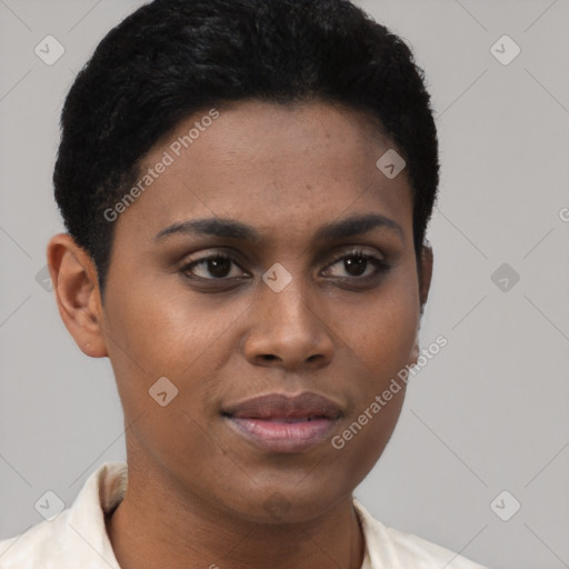 Joyful latino young-adult female with short  brown hair and brown eyes