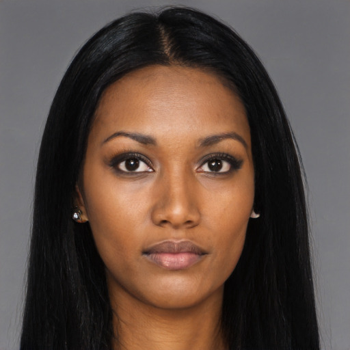 Neutral asian young-adult female with long  black hair and brown eyes