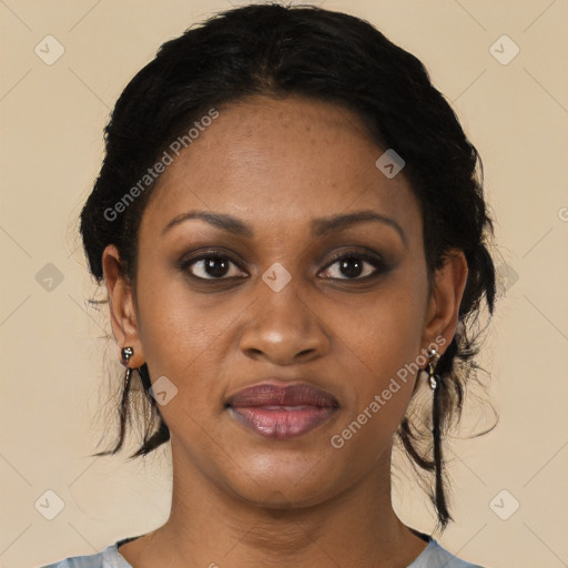 Joyful black young-adult female with medium  black hair and brown eyes