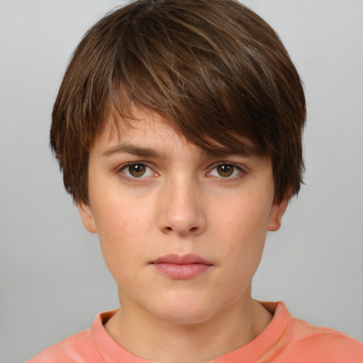 Neutral white young-adult female with short  brown hair and brown eyes