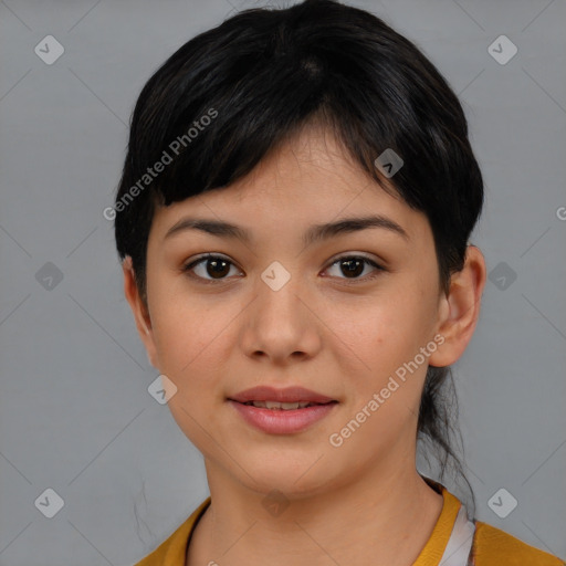 Joyful white young-adult female with short  black hair and brown eyes