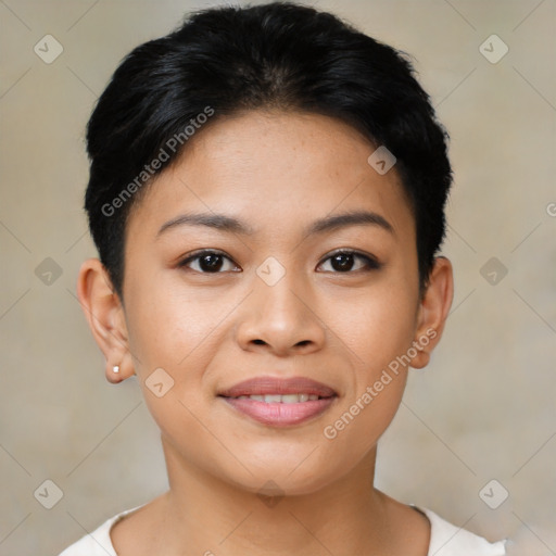 Joyful latino young-adult female with short  black hair and brown eyes