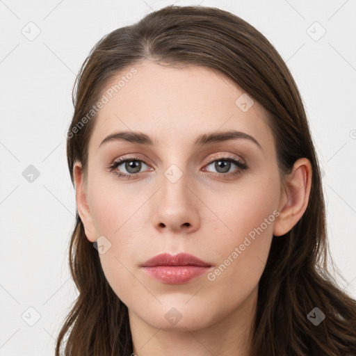 Neutral white young-adult female with long  brown hair and grey eyes