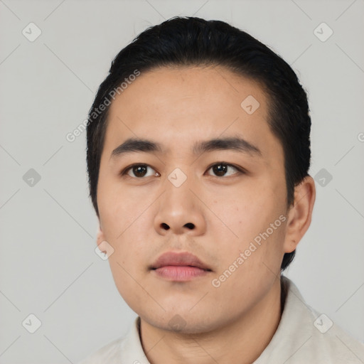 Neutral asian young-adult male with short  black hair and brown eyes