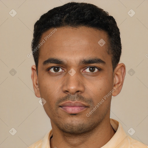 Neutral latino young-adult male with short  black hair and brown eyes