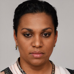 Neutral black young-adult female with short  black hair and brown eyes