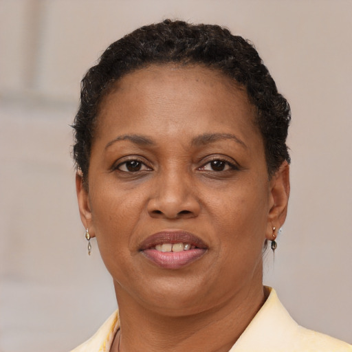 Joyful black adult female with short  brown hair and brown eyes