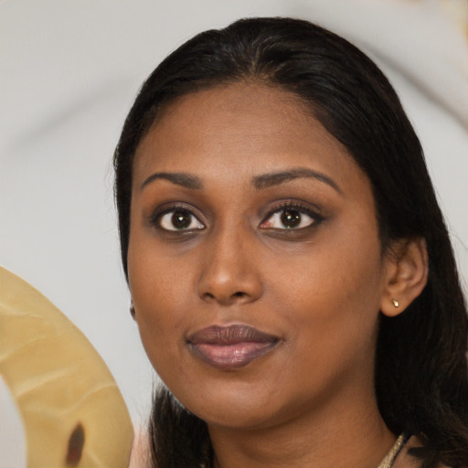 Neutral asian young-adult female with medium  black hair and brown eyes