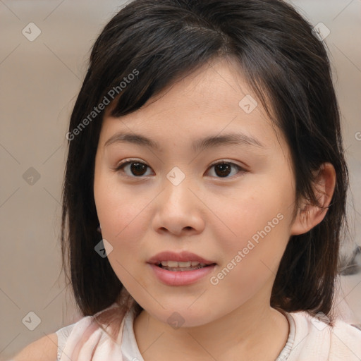 Joyful white child female with medium  brown hair and brown eyes
